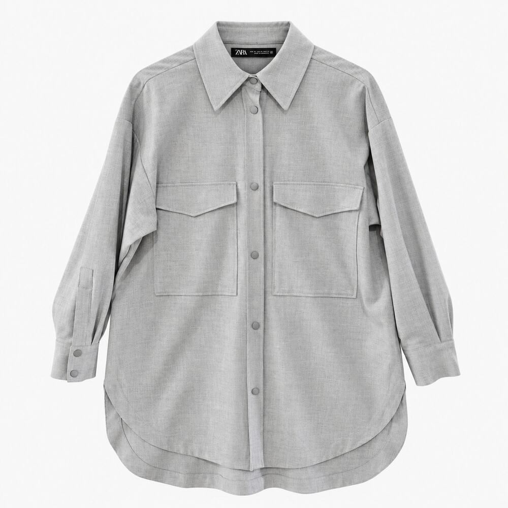 Zara Gray Oversized Shacket Women's XS Snap Front High Low Chest Pockets NWOT